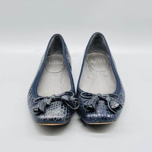 Stuart Weitzman Shoes Womens 6 Blue Ballet Flats Tulip Bow Tassel Snake Embossed - Picture 3 of 13